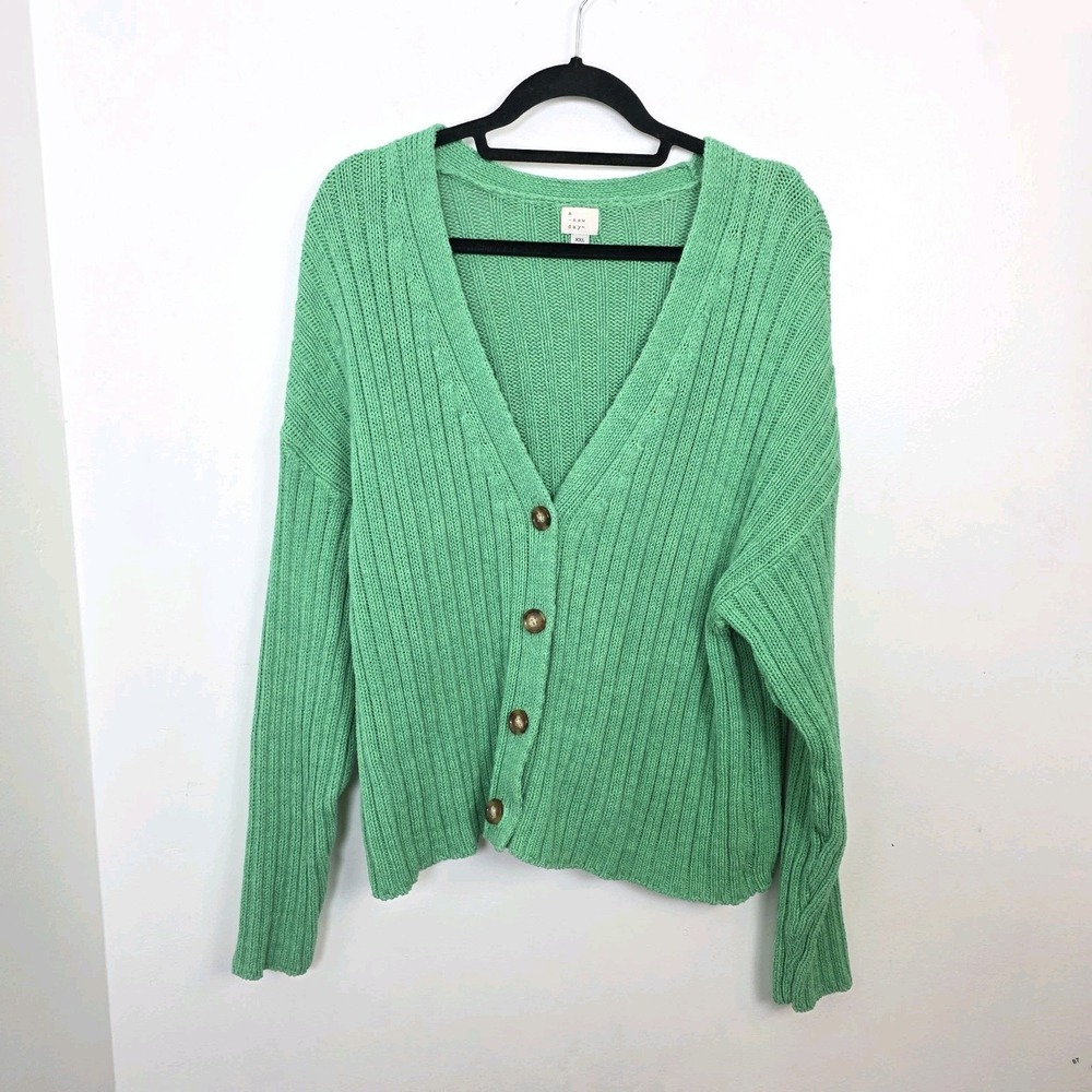 A New Day Green Chunky Ribbed Button Up Classic Preppy Cardigan Size 2XL